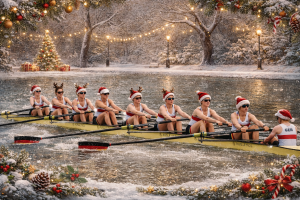 auf dem Bild sieht man einen Frauenachter die mit Nikolausmützen in einer weihnachtlichen Umgebung rudern
